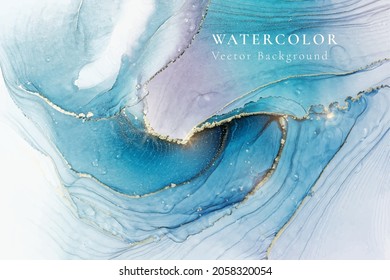 Violeet cyan blue liquid watercolor background with golden stains. Teal mauvee grey marble alcohol ink drawing effect. Vector illustration design template for wedding invitation, menu, rsvp.