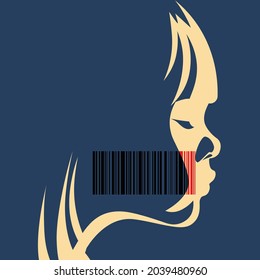 violence against children - child trafficking - child face with barcode in blue background