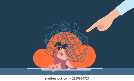 Violence against children. Harassment in the family. Bullying, intimidation. Girl with anxiety touch head. Little girl with nervous problems feels anxiety, confusion of thoughts. Vector illustration.