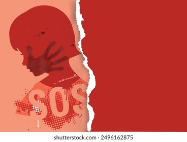 Violence against children, red ripped paper banner template. 
Little girl head grunge silhouette with with hand print after hand slap and SOS sign. Place for your tex or image. Vector available.