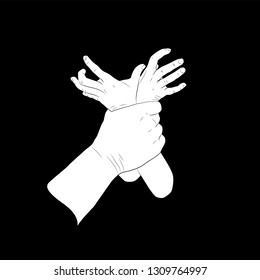 Violence against children. Thin line design vector illustration. Man's hand holding kid's hands. Black background.