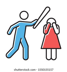 Violence against woman color icons set. Female abuse, harassment, bullying. Man raise hand, husband punch wife. Couple toxic relationship. Fear, crying, inequality. Isolated vector illustrations