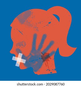 Violence against woman. Stylized Female silhouette with hand print on the face and with taped mouth. Vector available.
