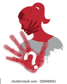 Violence against woman.
Young Woman grunge silhouette covering strike with hand print on the face. 