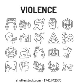 Violence black line icons set. Harassment, social abuse and bullying. Isolated vector element. Outline pictograms for web page, mobile app, promo