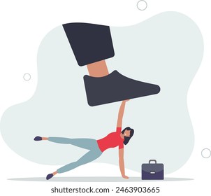 violence boss put his giant feet on fearful businesswoman harassment victim.flat vector illustration.