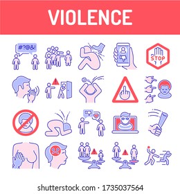 Violence color line icons set. Harassment, social abuse and bullying. Isolated vector element. Outline pictograms for web page, mobile app, promo