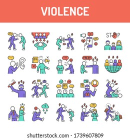 Violence color line icons set. Harassment, social abuse and bullying.  Editable stroke