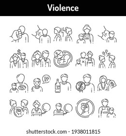 Violence color line icons set. Harassment, family abuse and bullying.  Pictograms for web page, mobile app, promo. UI UX GUI design element. Editable stroke.