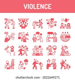 Violence color line icons set. Harassment, social abuse and bullying. Editable stroke.