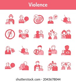 Violence color line icons set. Harassment, family abuse and bullying.