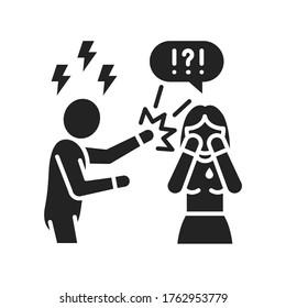 Violence in family black glyph icon. Men bullying women. Sign for web page, mobile app, button, logo.