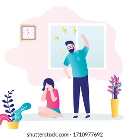 Violence in family. Husband beats his wife. Man abuser and crying woman. Depression and divorce concept. Relationship family conflict, stress. Room interior. People characters in trendy style. Vector