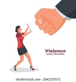 Violence in family. Man in a fist threatens a woman. Stop violence against women. Big fist threatens a girl. Vector illustration flat design. Isolated on white background.