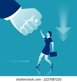 Violence in family. Man in a fist threatens a woman. Stop violence against women. Big fist threatens a girl. Vector illustration flat design. Isolated on background.