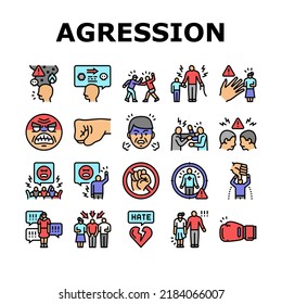 violence first aggressive hand icons set vector. anger conflict, aggression human fight, man people abuse, angry power crime protest violence first aggressive hand color line illustrations