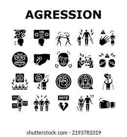violencia primero iconos agresivos de mano conjunto vector. conflicto de ira, agresión lucha humana, abuso de personas, crimen de poder enojado violencia de protesta violencia de primera mano pictograma de glifos agresivos Ilustraciones