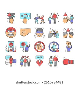 violence first aggressive hand icons set vector. anger conflict, aggression human fight, man people abuse, angry power crime protest violence first aggressive hand color line illustrations