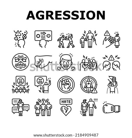 violence first aggressive hand icons set vector. anger conflict, aggression human fight, man people abuse, angry power crime protest violence first aggressive hand black contour illustrations