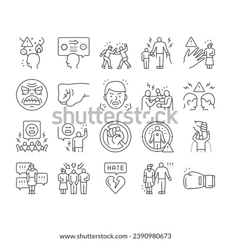 violence first aggressive hand icons set vector. anger conflict, aggression human fight, man people abuse, angry power crime protest violence first aggressive hand black contour illustrations