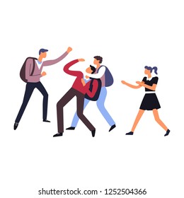 Violence and harassment in school classmates have fight vector boys beating weak male person get hurt by fellow students rude behavior of teenagers teasing and kicking young guy holding arms.