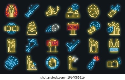 Symbole für Gewalt setzen. Rahmenset mit Gewalt VektorsymbVektorsymbole in Neonfarbe auf weiß
