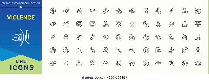 Violence modern icon set. Featuring discrimination, bully, threat, victim, bullying, man, harassment and more. Perfect for logos and infographic. Aggression line icon. Editable vector art.