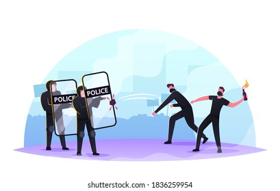 Violence Riots, Protesting, Strike or Demonstration. Male Characters in Masks and Black Clothes Fighting with Police Holding Shields at Rally, Political Situation. Cartoon People Vector Illustration