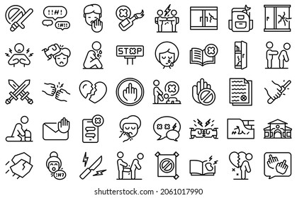 Violence at school icons set outline vector. Victim abuse. Family depresion