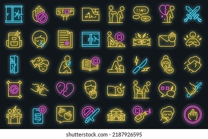 Violence at school icons set outline vector. Victim abuse. Family depresion vector neon