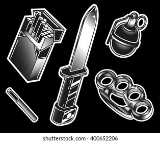 violence set cigarette pack brass knuckles knife bombshell
 bold lines vector illustration
