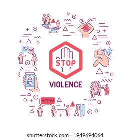 Violence web banner. Infographics with linear icons on white background. Creative idea concept. Isolated outline color illustration.