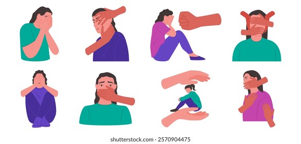 Violence of woman. Abuse victim. Pressure on women. Psychological torture. Family conflict. Girl face with arms. Assault and bullying. Rapist hands. Inner self psychology. Vector garish concepts set