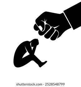 Violence in work. Big boss fist threatens a man. Stop violence against. Big fist threatens a male. Vector illustration flat design. Isolated on white background.