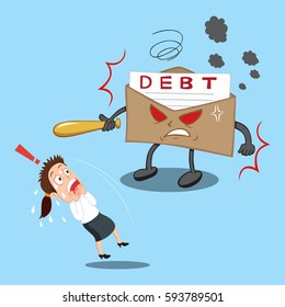 Violent characters big debt letter with baseball bat hand pointer female debtor, vector illustration cartoon