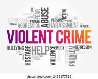 Violent crime - in which an offender or perpetrator uses or threatens to use harmful force upon a victim, word cloud concept background