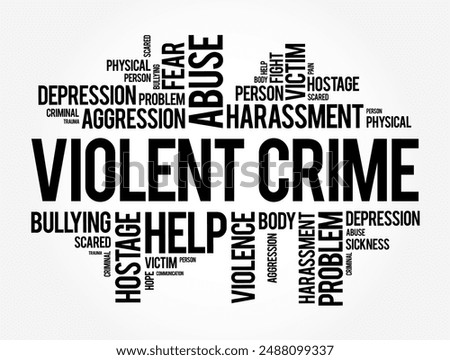 Violent crime - in which an offender or perpetrator uses or threatens to use harmful force upon a victim, word cloud concept background