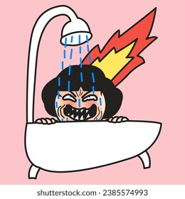 Violent Girl Trying To Relieve Or Overcome Her Instant Anger Emotion By Taking A Cold Shower Concept Card Character illustration