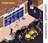 Violent protest isometric background with youth males holding bat and molotov cocktail fighting with policy vector illustration