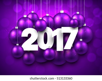 Violet 2017 New Year background with Christmas balls. Vector illustration.