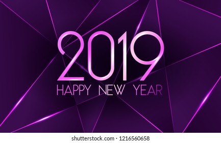 Violet 2019 Happy New Year card with premium polygonal gradient triangles and foil texture lines background. Festive rich design for holiday card, invitation, calendar poster. Happy 2019 New Year text