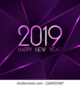 Violet 2019 Happy New Year card with premium polygonal gradient triangles and foil texture lines background. Festive rich design for holiday card, invitation, calendar poster. Happy 2019 New Year text