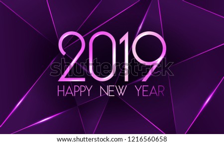 Violet 2019 Happy New Year card with premium polygonal gradient triangles and foil texture lines background. Festive rich design for holiday card, invitation, calendar poster. Happy 2019 New Year text