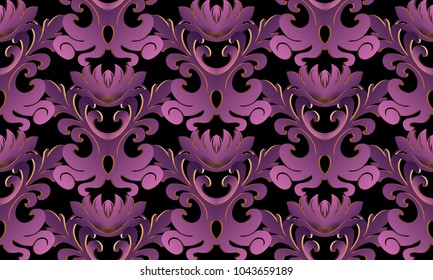 Violet 3d Baroque seamless pattern. Vector black background wallpaper with vintage purple 3d flowers, scroll leaves, antique damask ornament in baroque style. Surface floral texture with shadows