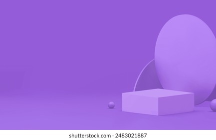 Violet 3d geometric podium pedestal mock up for product show realistic vector illustration. Minimalist purple squared showcase with abstract geometric shapes wall background advertising interior