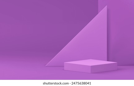 Violet 3d podium pedestal with triangle wall background realistic vector illustration. Purple rendering squared platform advertising commercial display for shopping sale product presentation