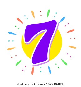 The violet 7 in the middle of the fireworks. Us Seven year. Or to wish You a happy birthday. Vector illustration in a flat style on white background.