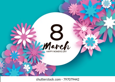 Violet 8 March. Happy Women s Day. Trendy Mother s Day. Paper cut Floral Greeting card. Origami flower. Text. Circle frame. Spring blossom on pink. Seasonal holiday. Modern paper decoration.
