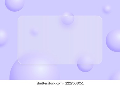 Fondo abstracto violeta de burbujas 3d con placa rectangular de glasmorfismo en el centro. Plantilla de banner lilac horizontal con marco translúcido para texto y levitar bolas, esferas. Vector