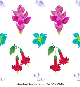 Violet Agapanthus Lily. Pink Ginger. Red Angel Trumpet. Green Plumeria. Vector illustration. Seamless background pattern. Floral botanical flower. Wild leaf wildflower isolated. Exotic tropical.